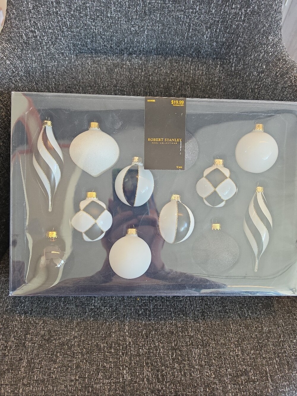 NIB Robert Stanley Set 12 Glass Christmas Tree Ornaments Black & White Harlequin